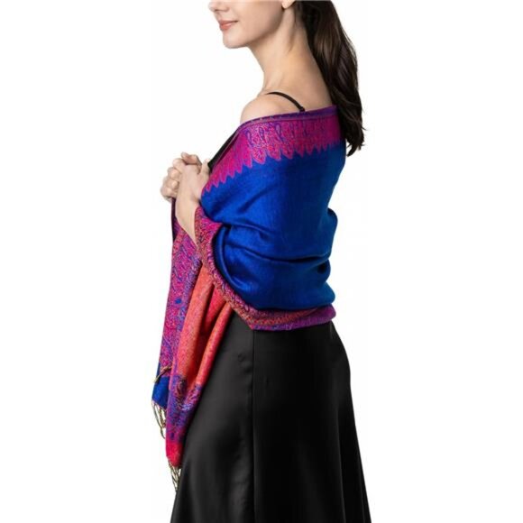 Elegant Reversible Paisley Shawl Wrap Scarf Blue Pink - Picture 3 of 6